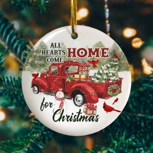 Red Cardinal All Hearts Come Home For Christmas Vintage Red Truck Decorative Christmas Ornament Circle Ornament Memorial Gift Home Decorations Ornament Pendant Printnd