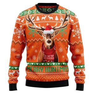 Deer Merry Huntmas Christmas Graphic Sweater - Ugly Christmas Sweater