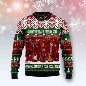 Guitar Gimme The Beat Christmas Unisex Crewneck Sweater - Christmas Graphic Sweater - Ugly Christmas Sweater