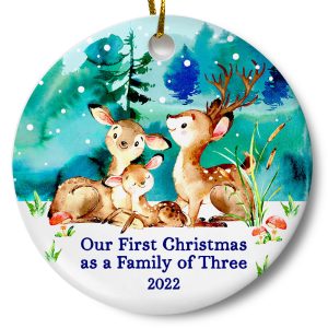 First Christmas as a Family of Three Woodland Deer Ornament Printnd
